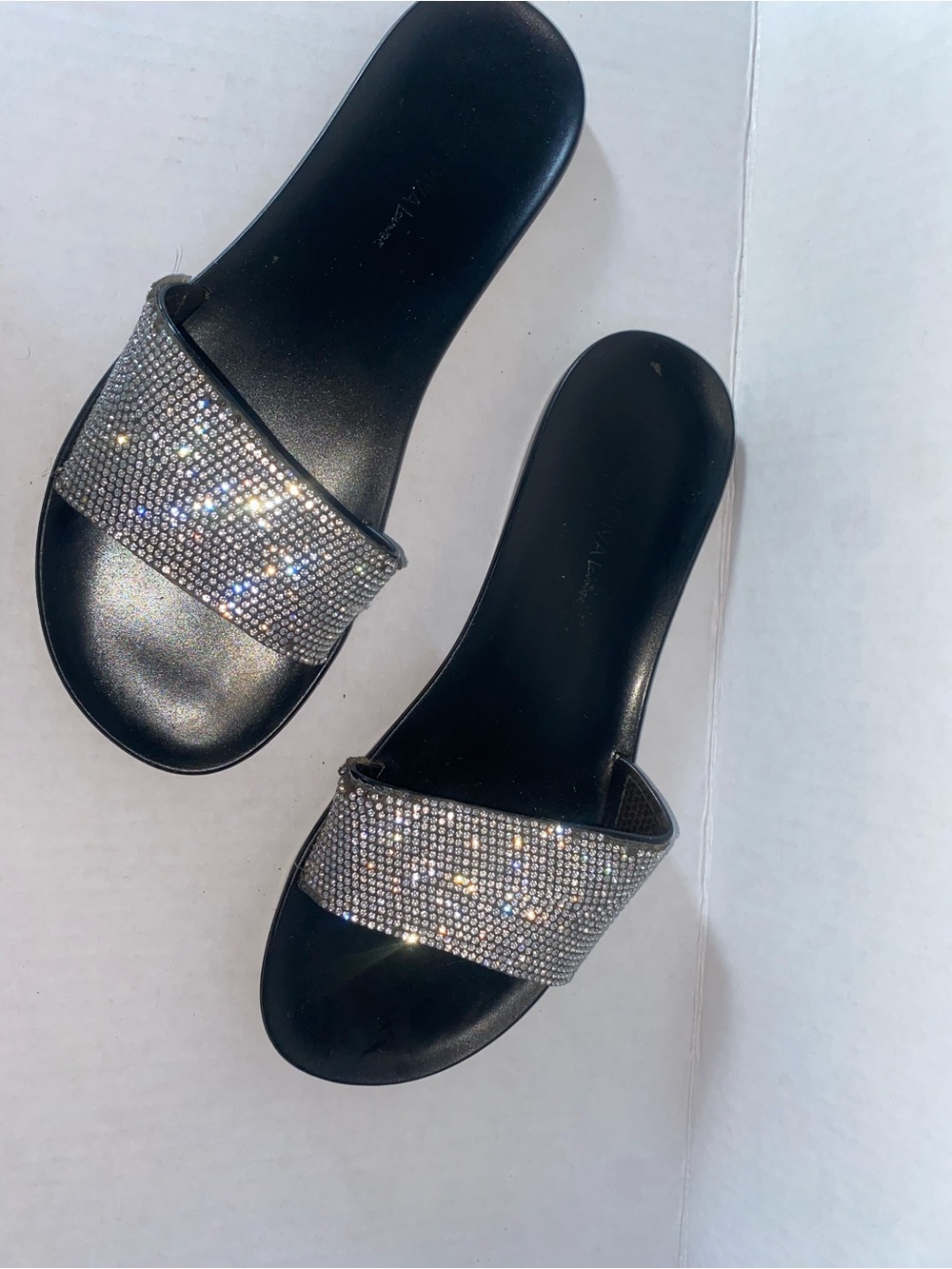DIVA Lounge Black Slides with Silver Crystal Band